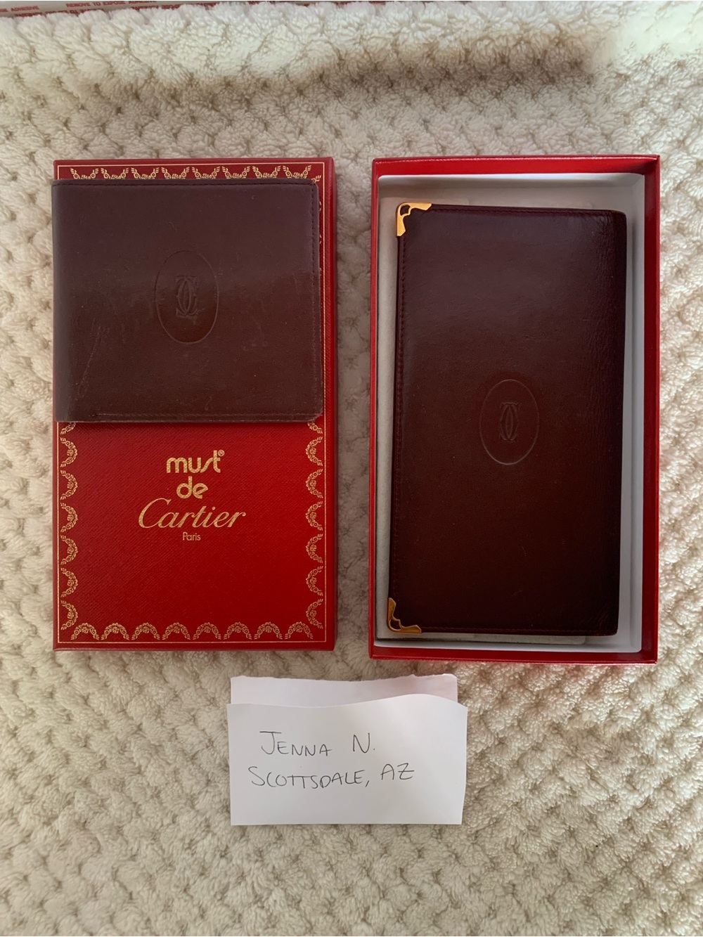 Cartier burgundy Leather bi fold wallet & Card Holder with Gold Corner Accents